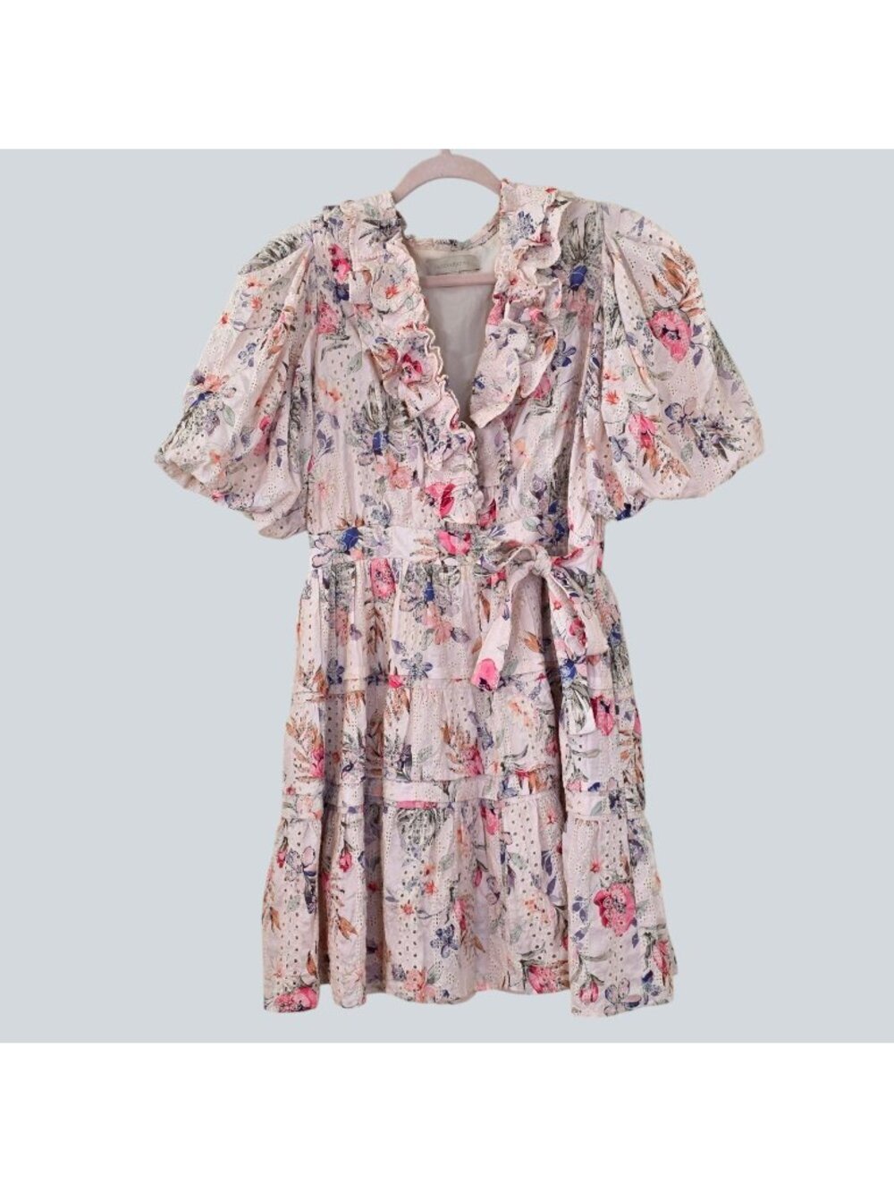 Dance Marvel Floral Eyelet Tiered Mini Dress L Puff Sleeve Ruffle Cottagecore